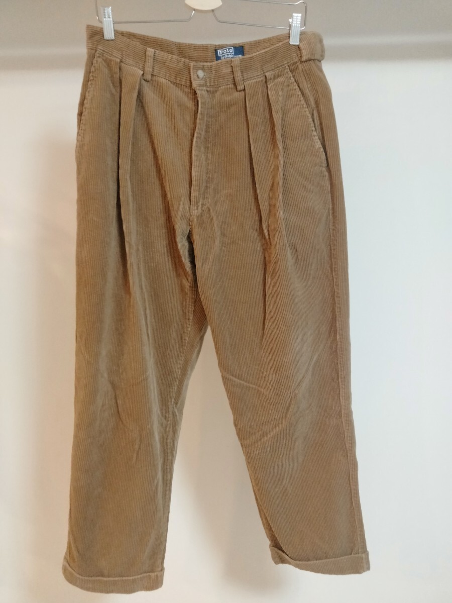 送料無料 USA製 Polo Ralph Lauren ポロラルフローレン 2タック 太畝 コーデュロイ パンツ W35 茶色 ブラウン 米国製 POLO CORDS 90s拍卖