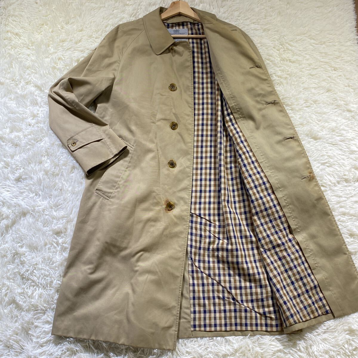 美品/L相当◎アクアスキュータム Aquascutum ステンカラーコート トレンチコート ベージュ 英国製 裏地チェック比翼 メンズ ロングコート拍卖