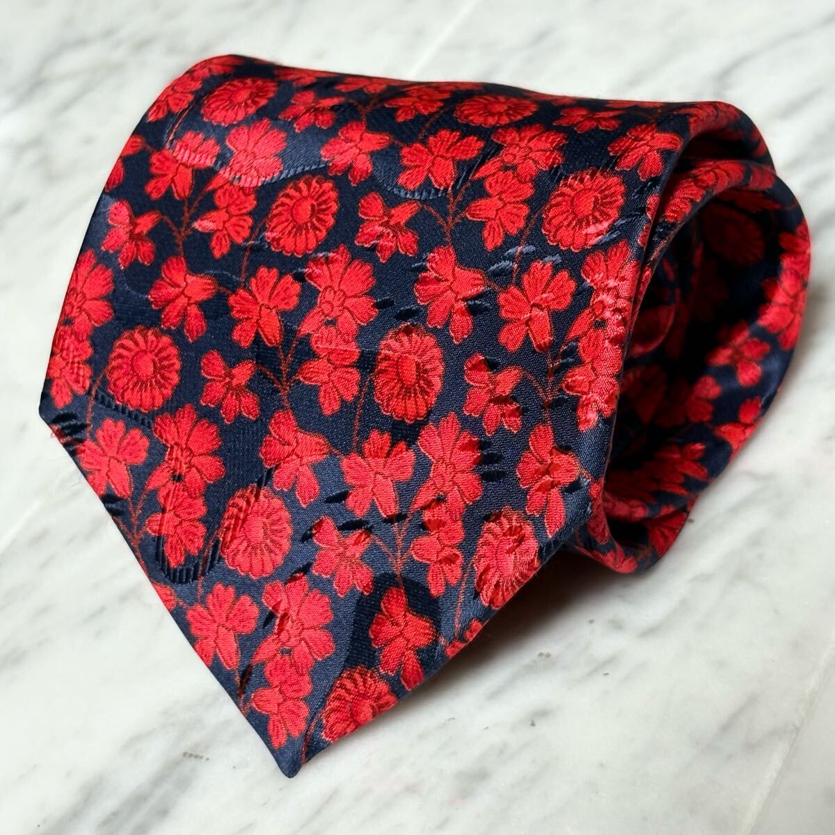 【美品】 999円~ LANVIN ネクタイ ネイビー レッド ボタニカル柄 (B13)拍卖