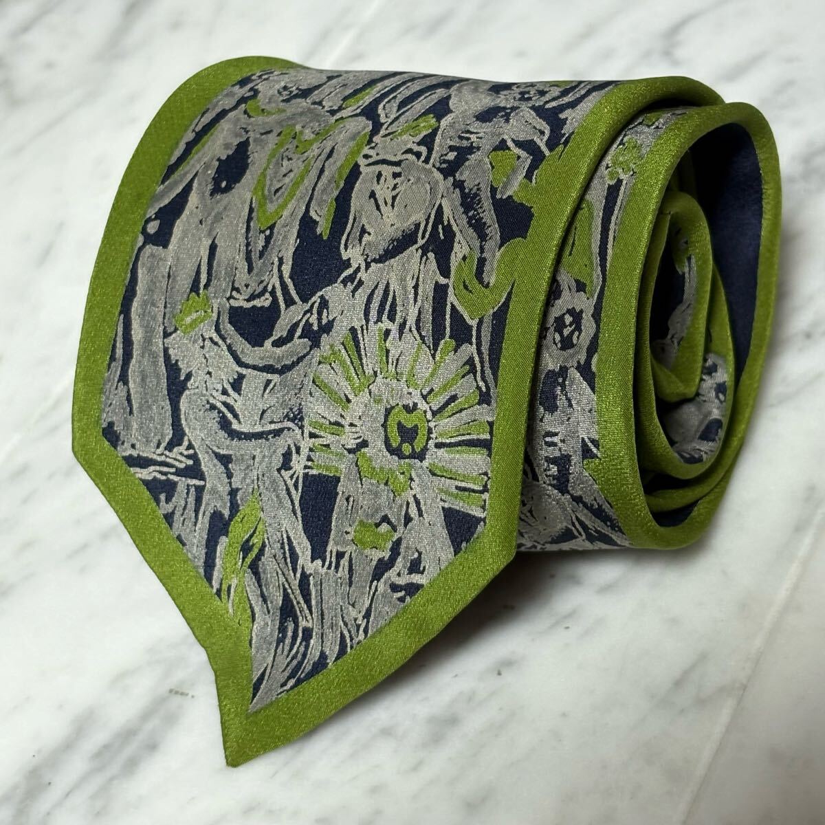 【美品】 999円~ ミラショーン ネクタイ ネイビー グリーン系 ロゴ (B10)拍卖