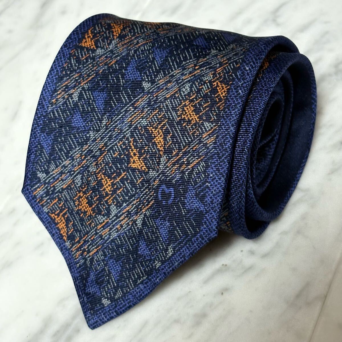 【美品】 999円~ ミラショーン ネクタイ ネイビー ロゴ ストライプ (B9)拍卖