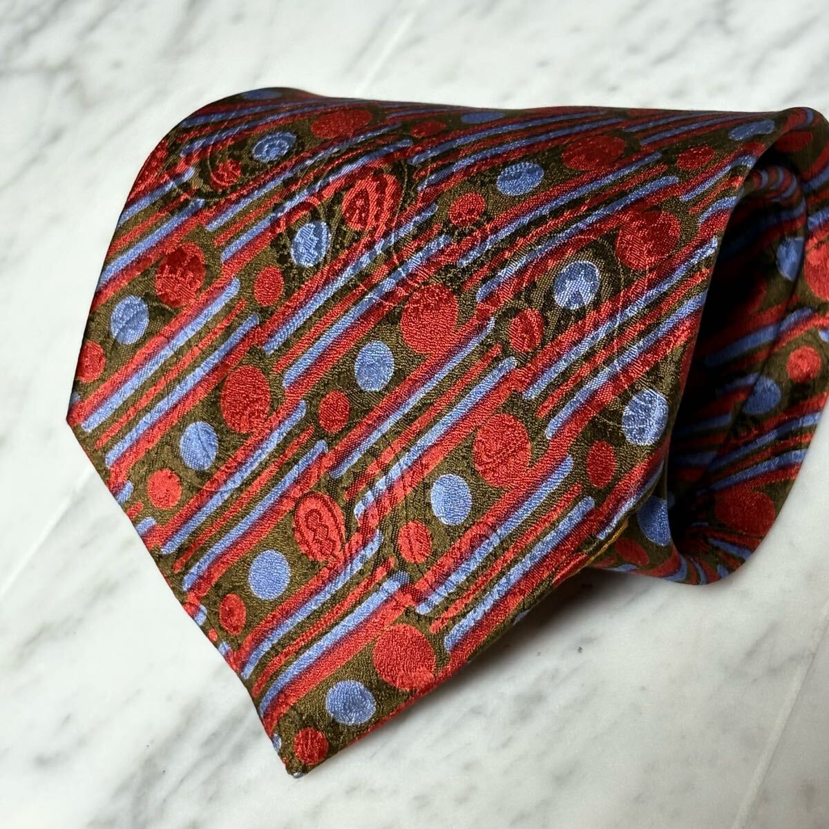 【未使用】 999円~ Yves Saint Laurent ネクタイ ブラウン レッド ペイズリー柄 ストライプ 光沢 (GREEN B7)拍卖