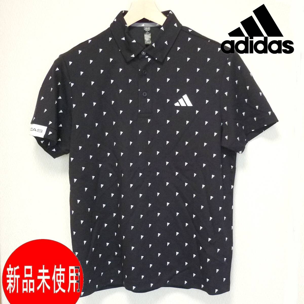 定価9900円新品L★アディタス ゴルフ GOLF 黒総柄モノグラム 半袖 メンズポロシャツ/adidas ピケ素材拍卖