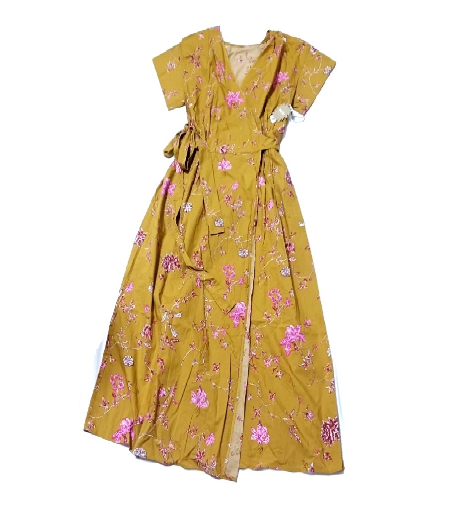 新品 定価3.1万 SOULEIADO コットンタイプライター 花柄 カシュクールワンピース マスタード拍卖