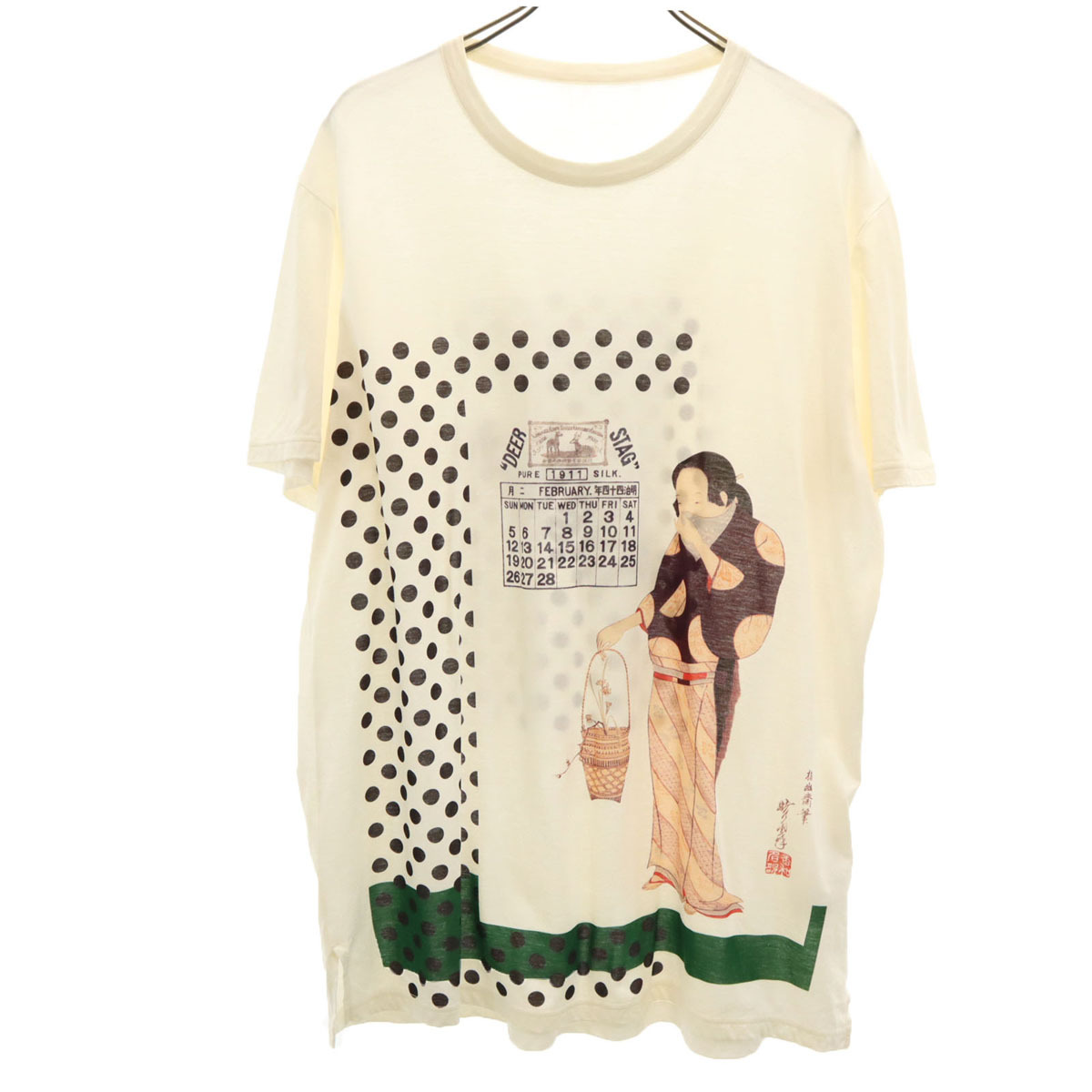 Ground Y グランドワイ 河鍋暁斎 コラボ 日本製 美人十二ヵ月カレンダー二月 半袖 Tシャツ 3 アイボリー ヨウジヤマモト メンズ拍卖