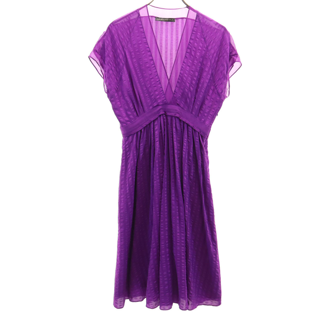 BALENCIAGA.SILK バレンシアガ シルク 半袖 Vネック ワンピース 38 パープル フレンチスリーブ レディース拍卖