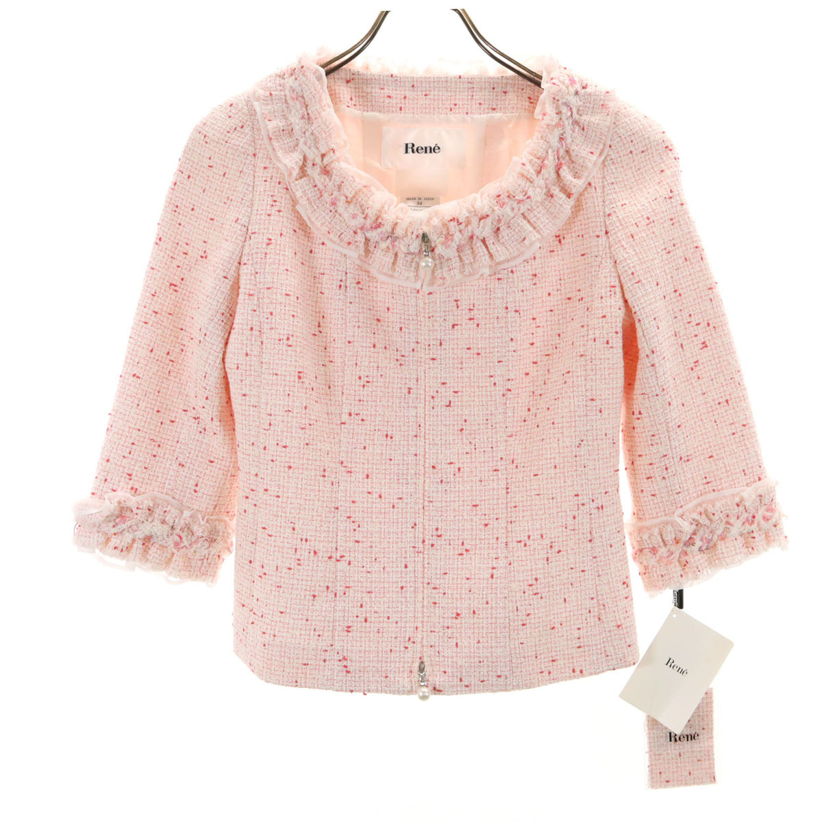 未使用 Rene ルネ 日本製 5分袖 ツイード ジャケット 34 ピンク系 レディース拍卖