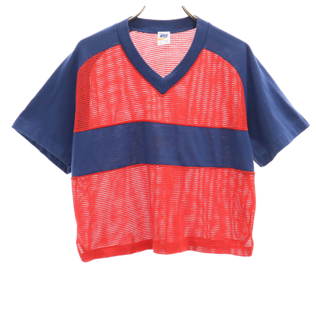 NIKE ナイキ 80s USA製 ヴィンテージ 半袖 メッシュ Vネック Tシャツ L レッド ショート丈 レディース拍卖
