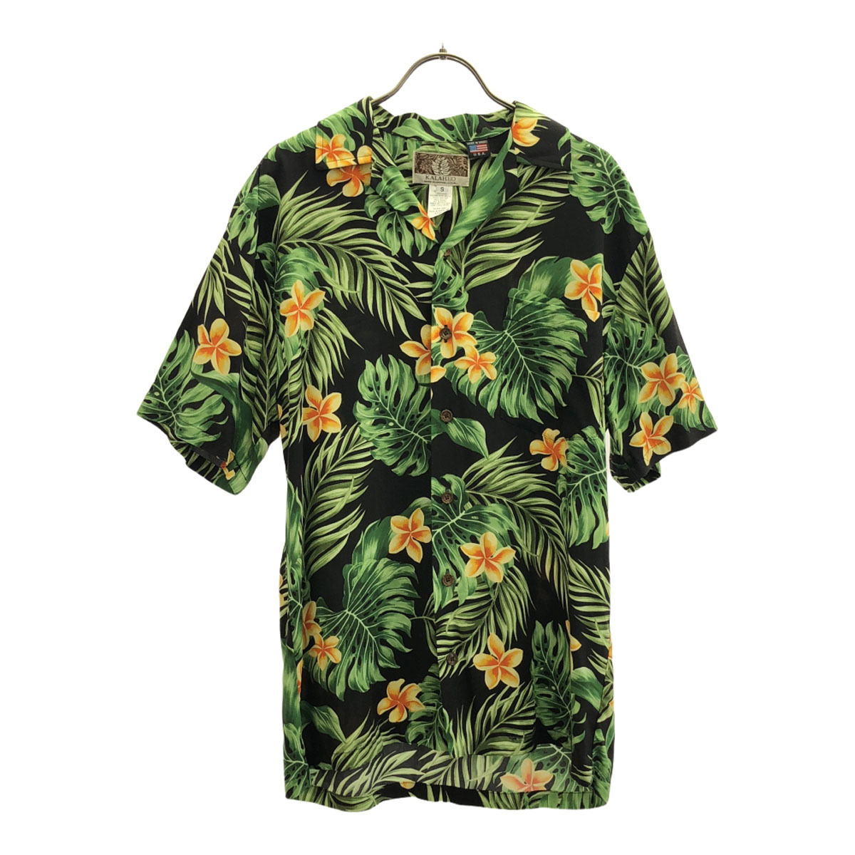 KALAHEO カラへオ 90s USA製 レーヨン オールド 総柄 半袖 アロハシャツ S ブラック×グリーン メンズ拍卖