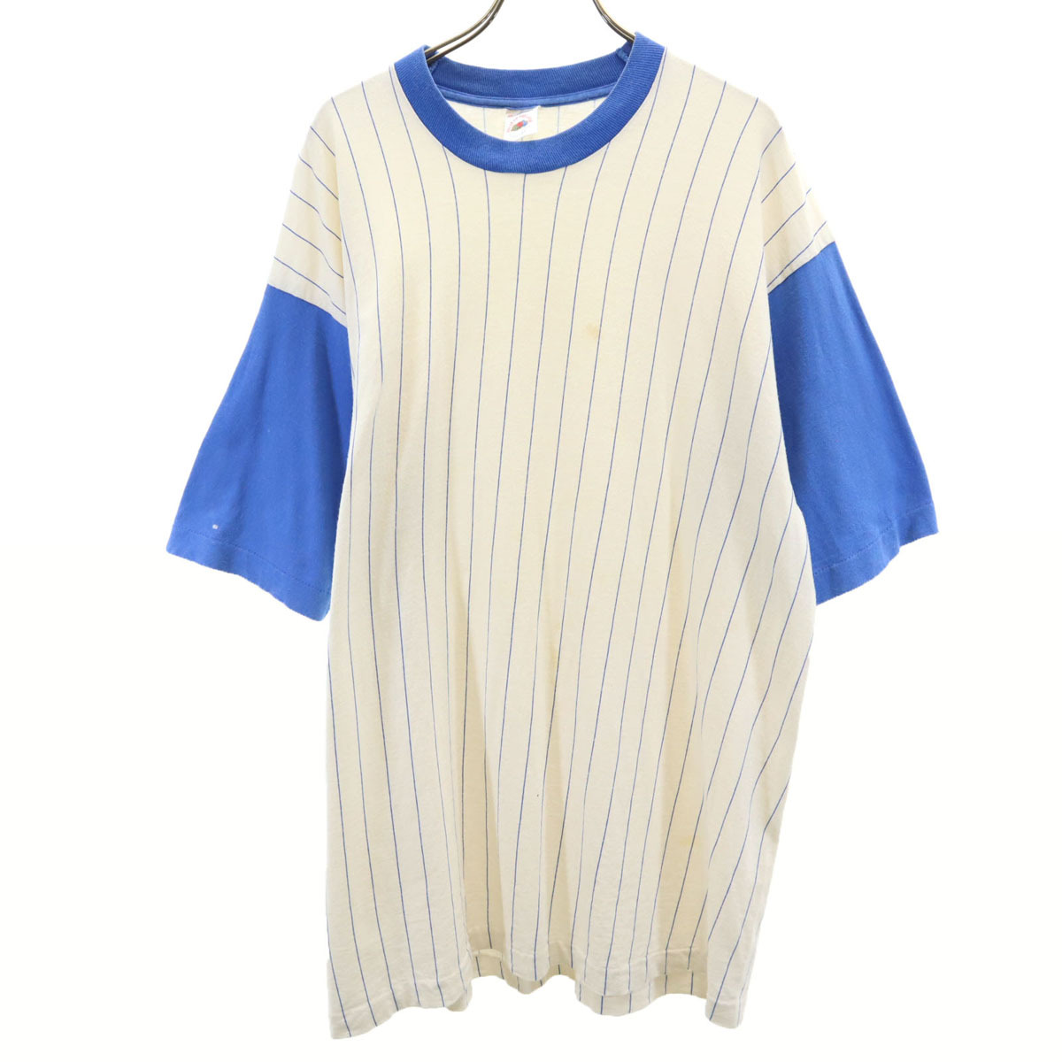 FRUIT OF THE LOOM フルーツオブザルーム 90s USA製 オールド ストライプ柄 半袖 Tシャツ XL 白×青 シングルステッチ メンズ拍卖