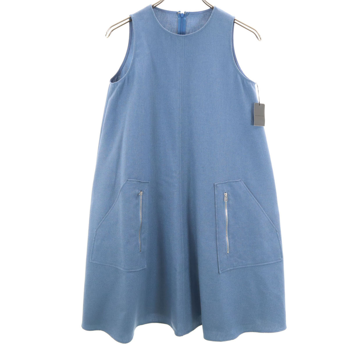 未使用 ESTNATION エストネーション 日本製 リネンブレンド ノースリーブ ZIPポケット ワンピース 36 ブルー レディース拍卖