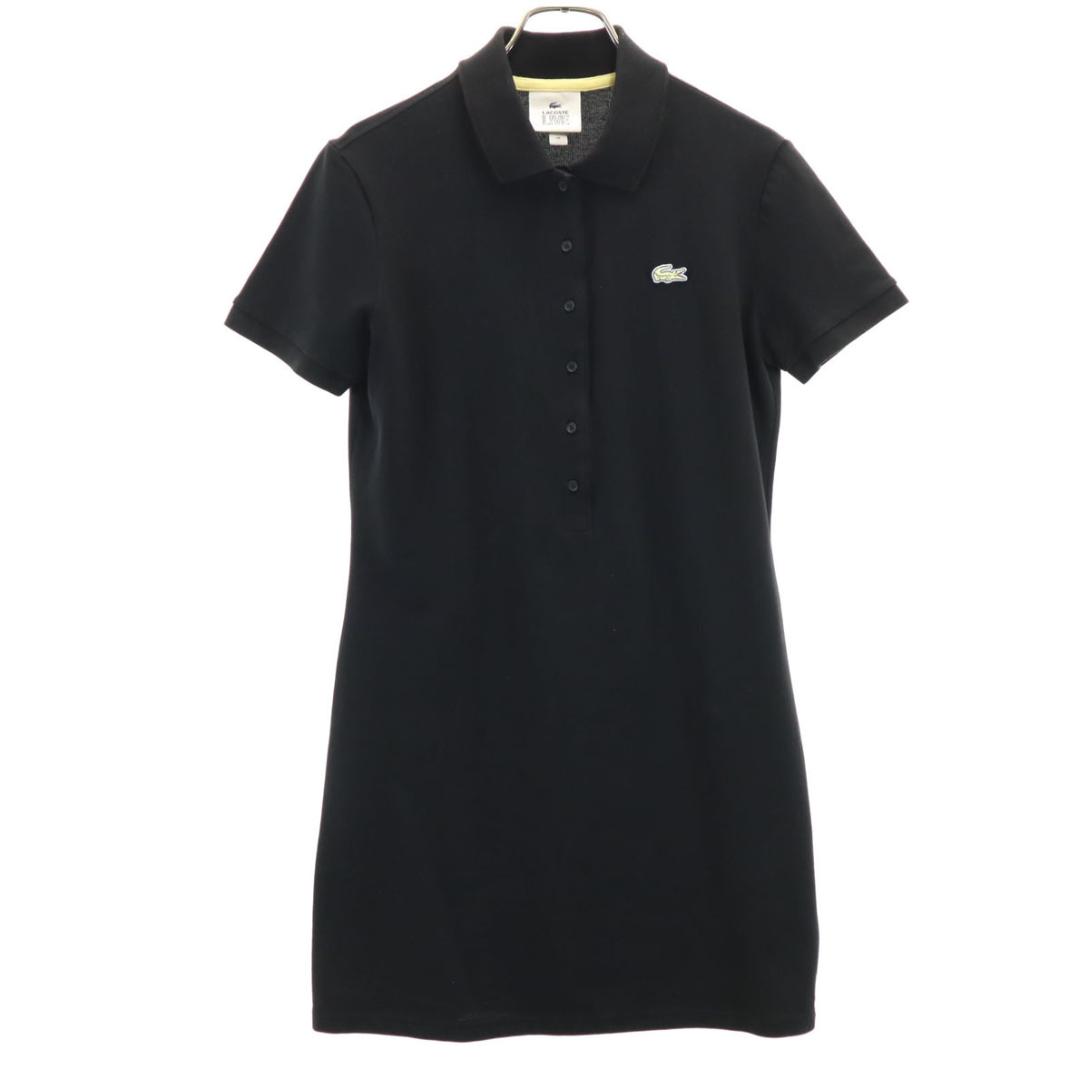LACOSTE L!VE ラコステライブ 半袖 ポロ ミニワンピース 38 黒 鹿の子地 ストレッチ レディース拍卖