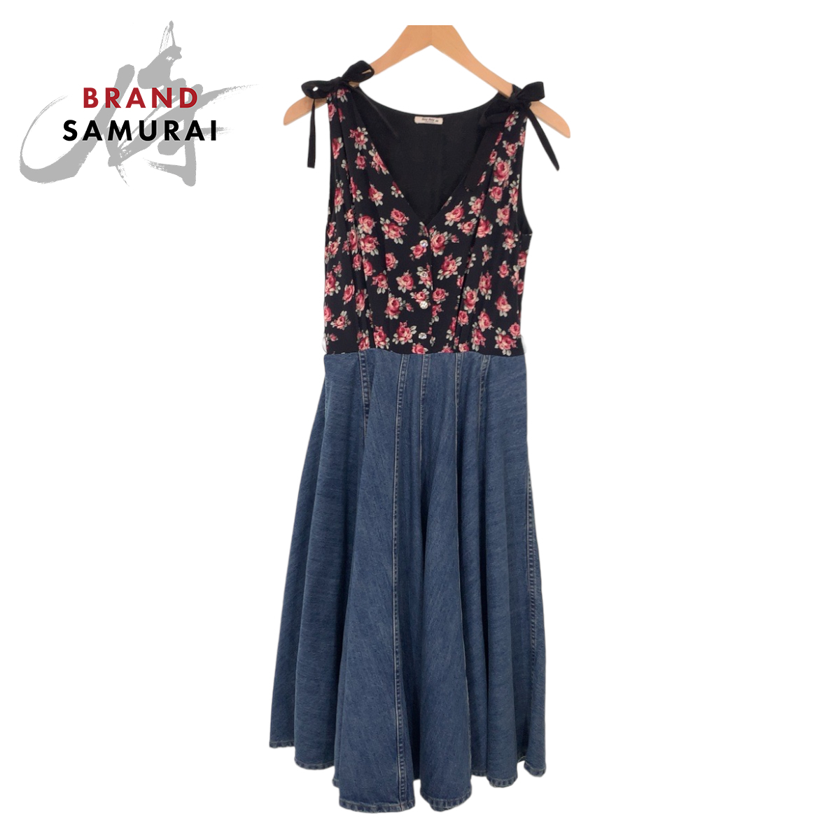 美品 MIUMIU ミュウミュウ 花柄 ラインストーン サイズ36 ブラック 黒 コットン/デニム ワンピース ドレス デニムワンピース 404488拍卖