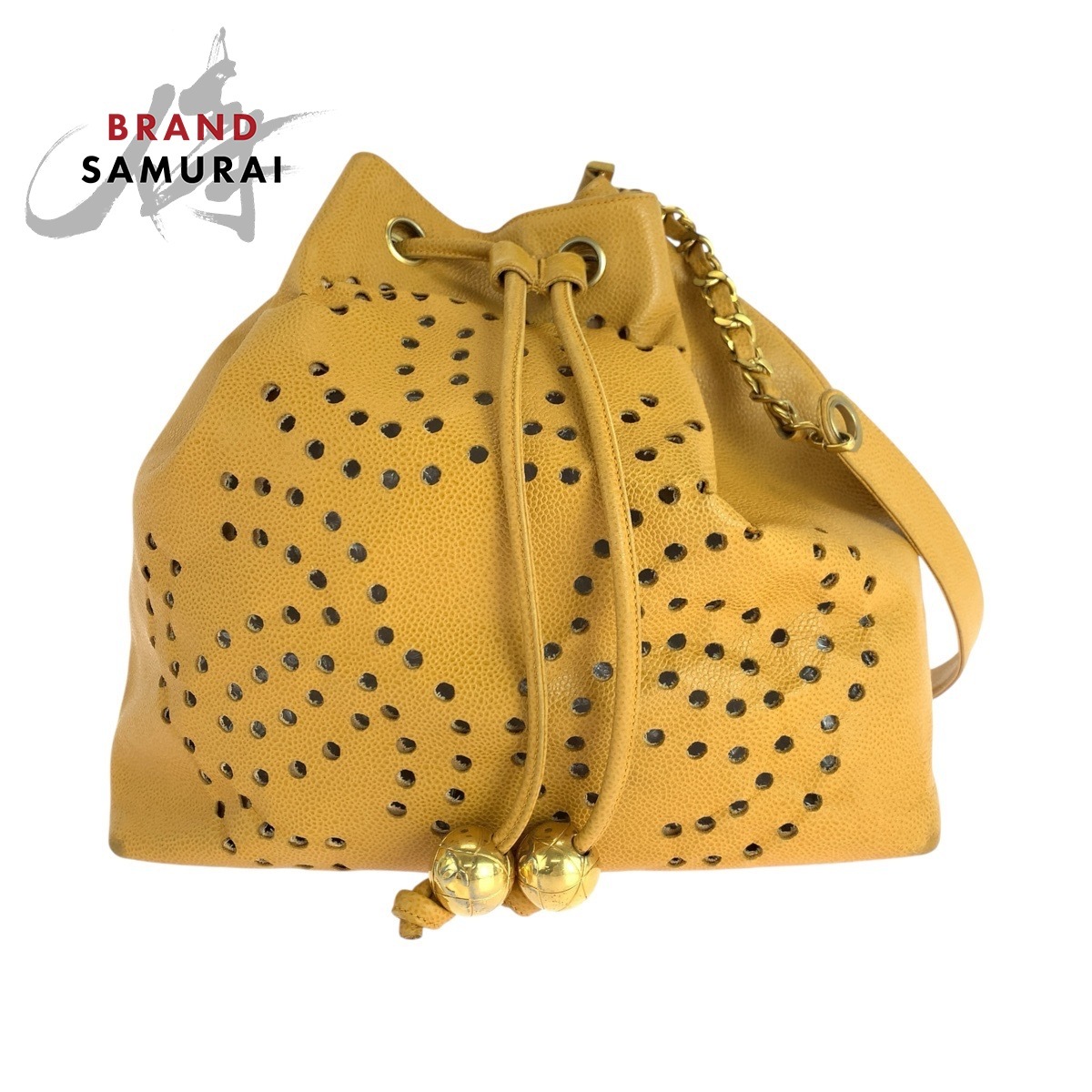 CHANEL シャネル ヴィンテージ パンチング トリプルココマーク イエロー ゴールド金具 キャビアスキン 巾着 ショルダーバッグ 502769拍卖