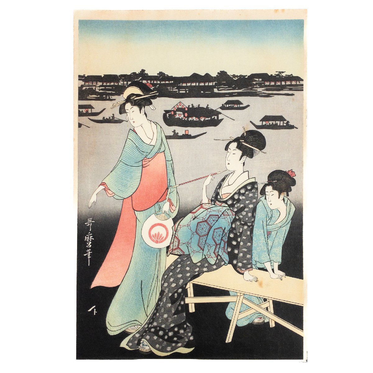 【SHIN】喜多川歌麿「両国の花火(三枚続き・右)」 木版画 昭和51年制作 高見澤忠雄監修 和・英訳解説書付き拍卖