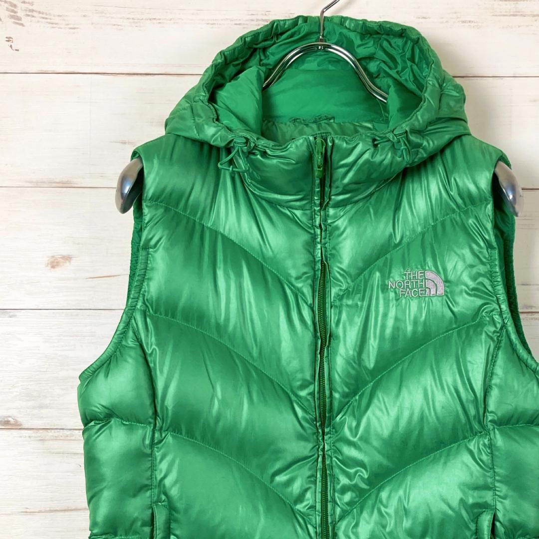 ノースフェイス ダウンベスト 両面ロゴ刺 600FP 緑 グリーン 90L拍卖