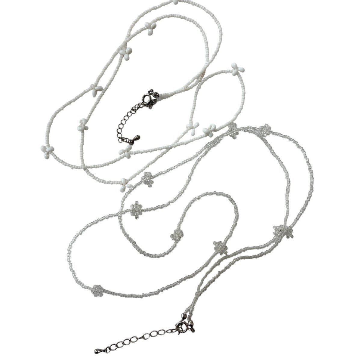 ハンドメイド ビーズネックレス 2本セット ホワイト クリア ロングネックレス拍卖