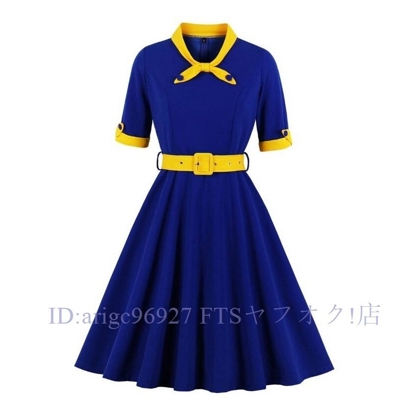 ★新品大きな 2XLサイズ ブルー イエロー イベント 受付嬢 コンパニオン ユニフォームワンピース ベルト付きサイズ選択可拍卖