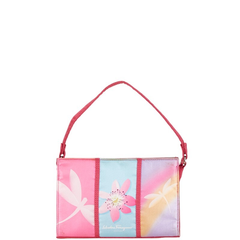 サルヴァトーレフェラガモ トンボ 花 フラワー ハンドバッグ ピンク マルチカラー サテン レディース Salvatore Ferragamo 【中古】拍卖