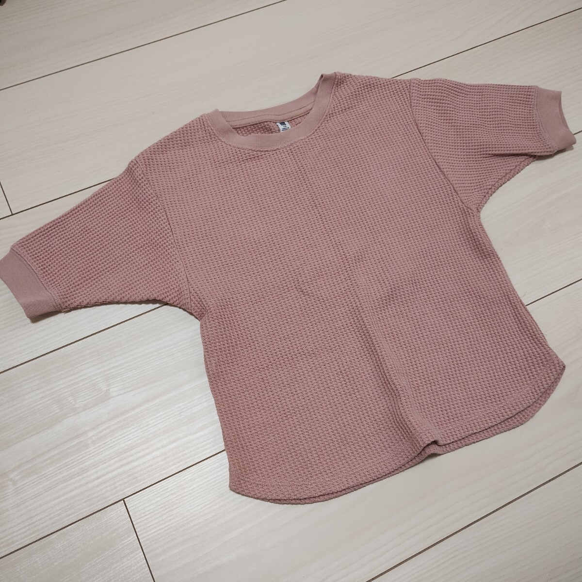UNIQLO ワッフルT 110 ピンク ユニクロ 子供 キッズ 五分丈 半袖 カットソー ユニクロ拍卖