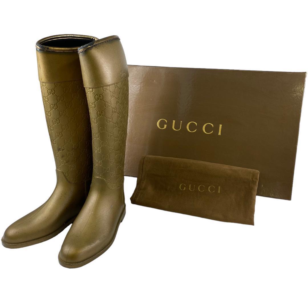 ye70 GUCCI グッチ ロングブーツ レインブーツ ゴールド 36サイズ拍卖