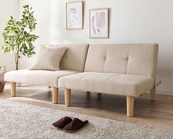 分割すれば2個のソファにもなるマルチなソファベッド 布ベージュ色拍卖