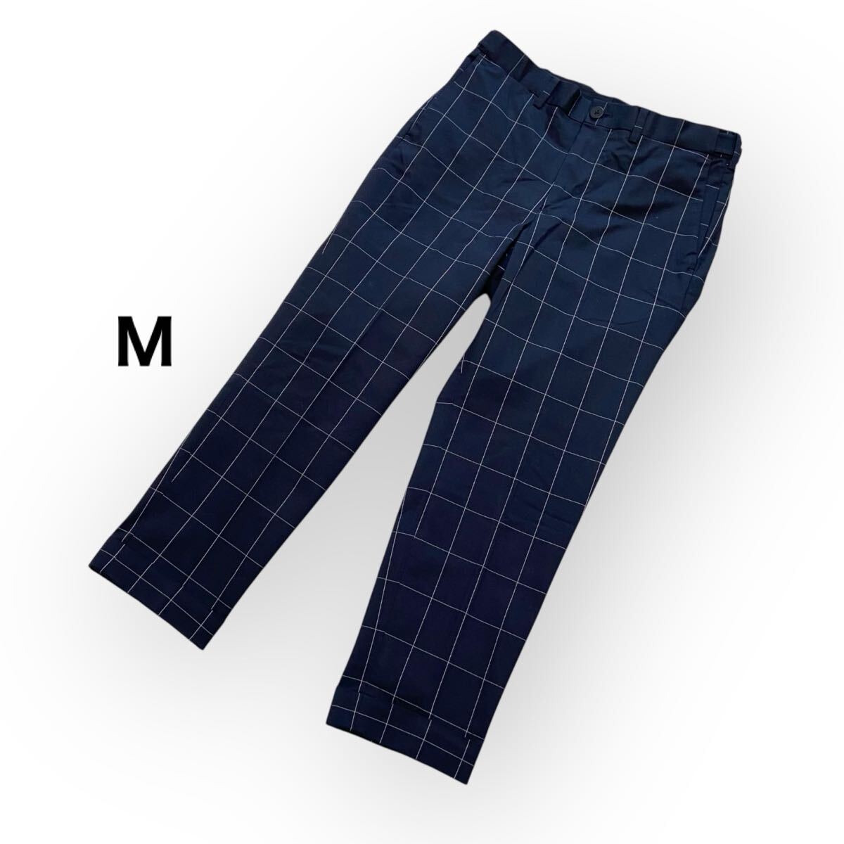 【送料無料】GLOBAL WORKグローバルワーク クロップド パンツ ストレッチ チェック ネイビー ダブル 七分丈 ボトムス メンズM拍卖