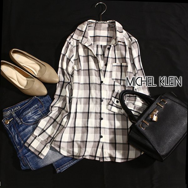 美品 MICHEL KLEIN ミッシェルクラン 可愛い格子柄 コットン 長袖シャツ 38号 M 春 夏 秋 25A05拍卖