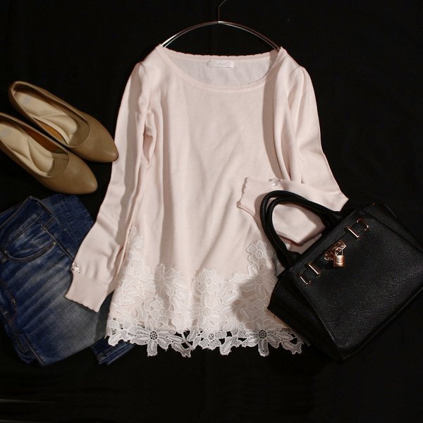 美品 オンワード樫山 Feroux フェルゥ 可愛いレース ビジュー付き コットン ニット プルオーバー 2号 M 春 合服 25B05拍卖