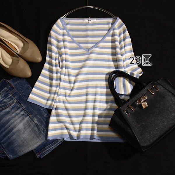 美品 オンワード樫山 23区 可愛いボーダー柄 ストレッチニット プルオーバー 38号 M 春 夏 25B05拍卖