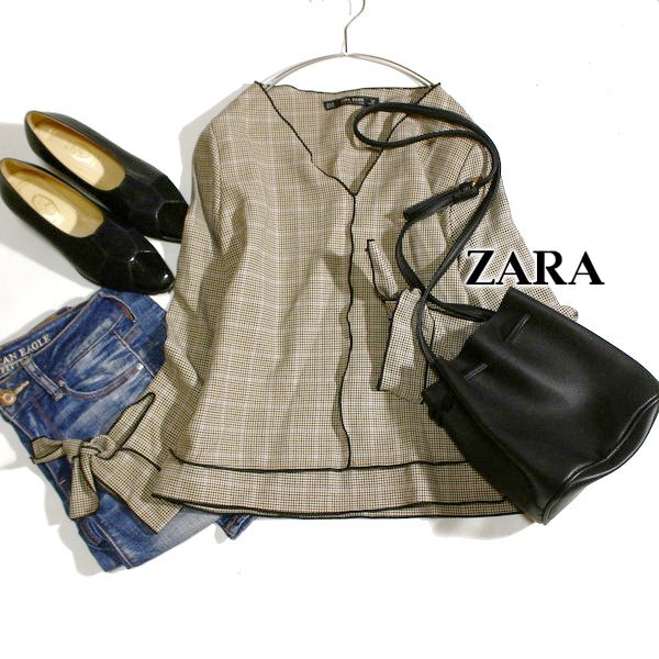 美品 ザラ ベーシック ZARA BASIC COLLECTION 袖リボン 千鳥格子柄 カットソー XS 春 秋 25C05拍卖