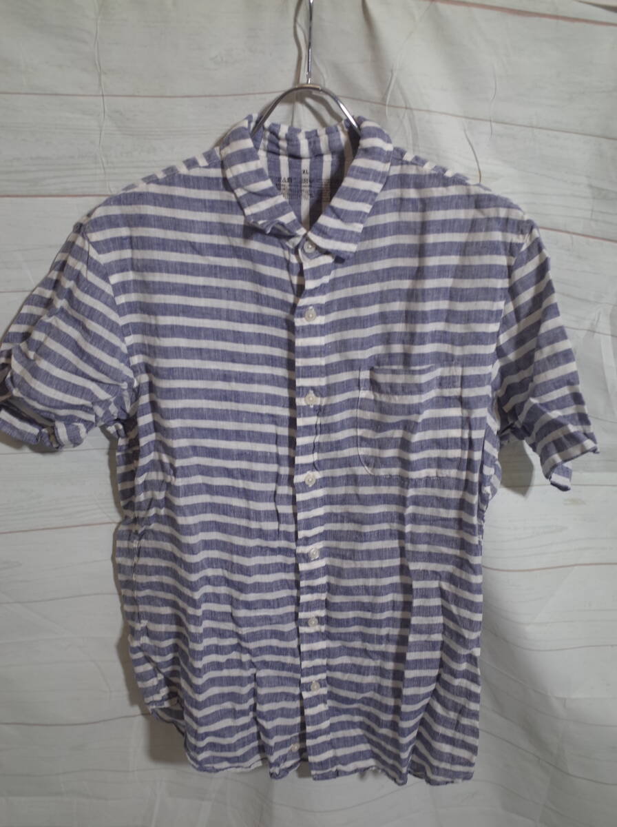 メンズ pm276 株式会社 良品計画 MUJI 無印良品 ボーダー 半袖 リネンシャツ XL ネイビー/ホワイト 紺/白拍卖