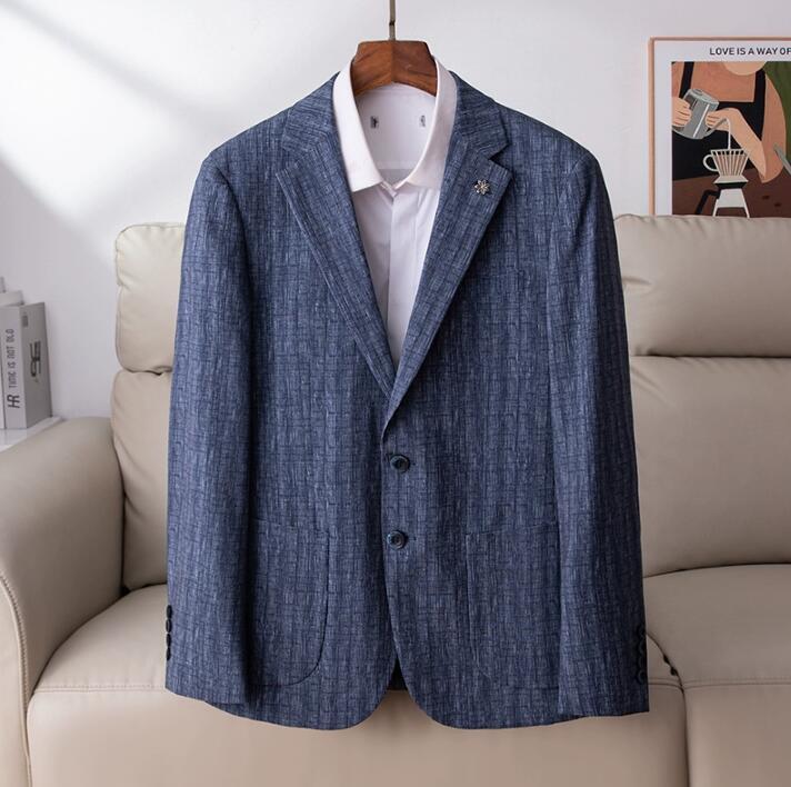 新入荷2XLテンセル混 テーラードジャケット メンズ ストライプ スーツ ジャケット 高品質 春夏 薄 カジュアル ブレザー/ブルー拍卖