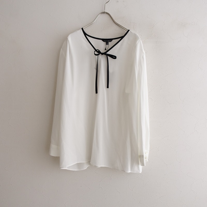 //【未使用】インディヴィヴァイ INDIVI V.A.I *ボウタイバイカラーブラウス*13薄手ドレープブラックホワイト(27-2401-179)【31B42】拍卖