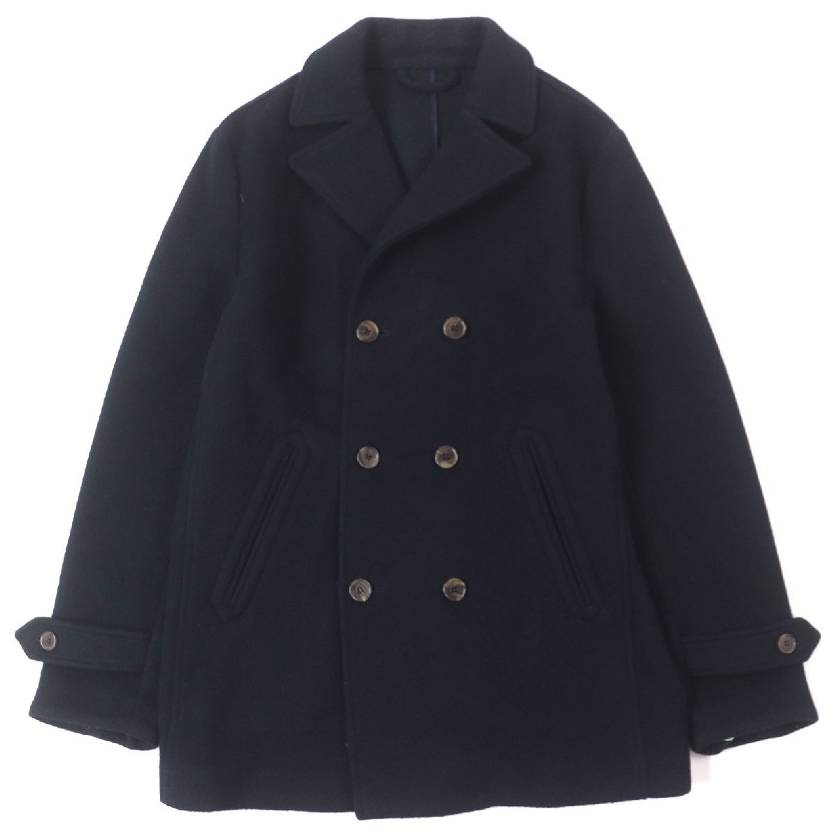 美品▼LUIGI BORRELLI ルイジボレッリ ウール アルパカ ロゴ刺繍 ダブルブレスト ピーコート ダークネイビー 48 伊製 正規品 メンズ拍卖