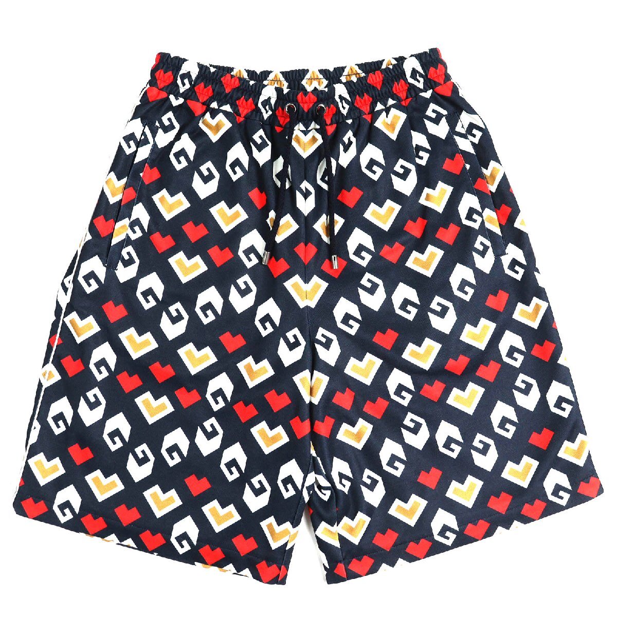 未使用品△GUCCI グッチ 23AW 752639 総柄デザイン ハーフパンツ ショートパンツ ネイビー ホワイト レッド XS 箱付き イタリア製 正規品拍卖