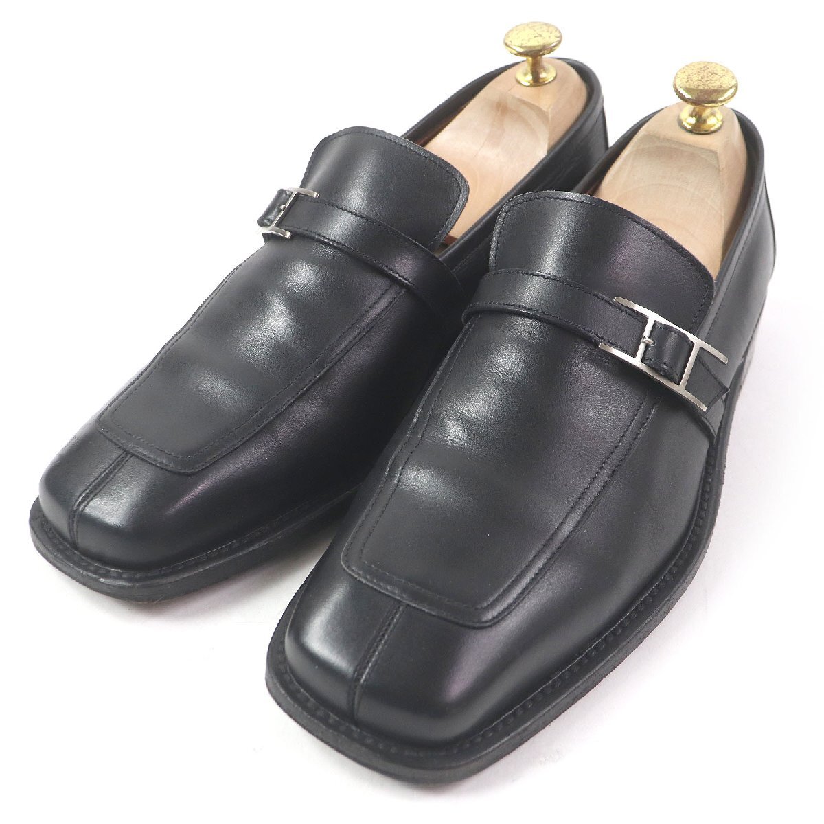 良品□HERMES エルメス ヴィンテージ アピ Hロゴバックル ベルト スクエアトゥ レザー ローファー ブラック 40.5 イタリア製 メンズ拍卖