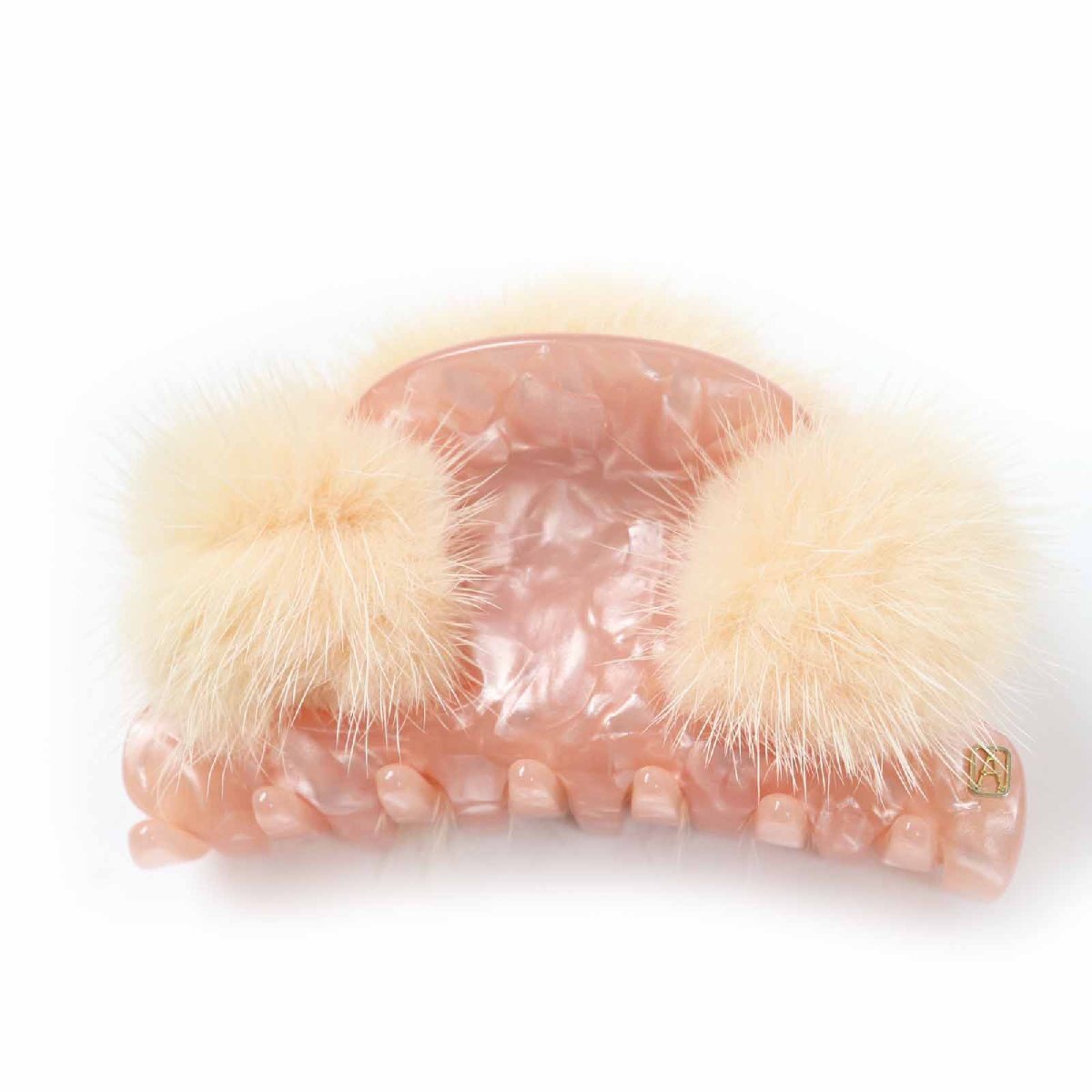 極美品◎ALEXANDRE DE PARIS アレクサンドル ドゥ パリ Aロゴ ミンクファー付き ヘアアクセサリー ヘアクリップ オーロラピンク 仏製拍卖