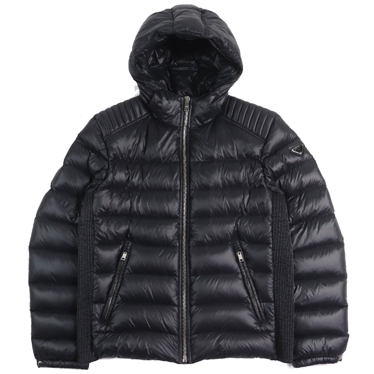 極美品△PRADA プラダ 2020年製 SGA654 トライアングルロゴ 三角プレート フーデッド ダウンジャケット ブラック 52 正規品 メンズ拍卖