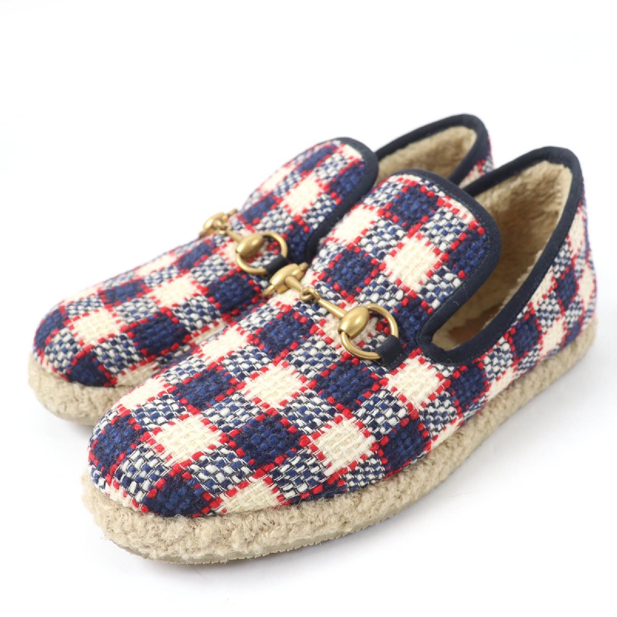 美品☆GUCCI グッチ ホースビット ツイード ボア エスパドリーユ シューズ マルチカラー 38.5 保存袋付き イタリア製 レディース拍卖