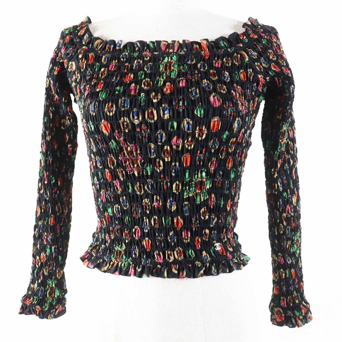 極美品◎CHANEL シャネル P70157 ココマーク 総柄 オフショルダー シャーリング ブラウス ブラック マルチ 34 伊製 正規品 レディース拍卖