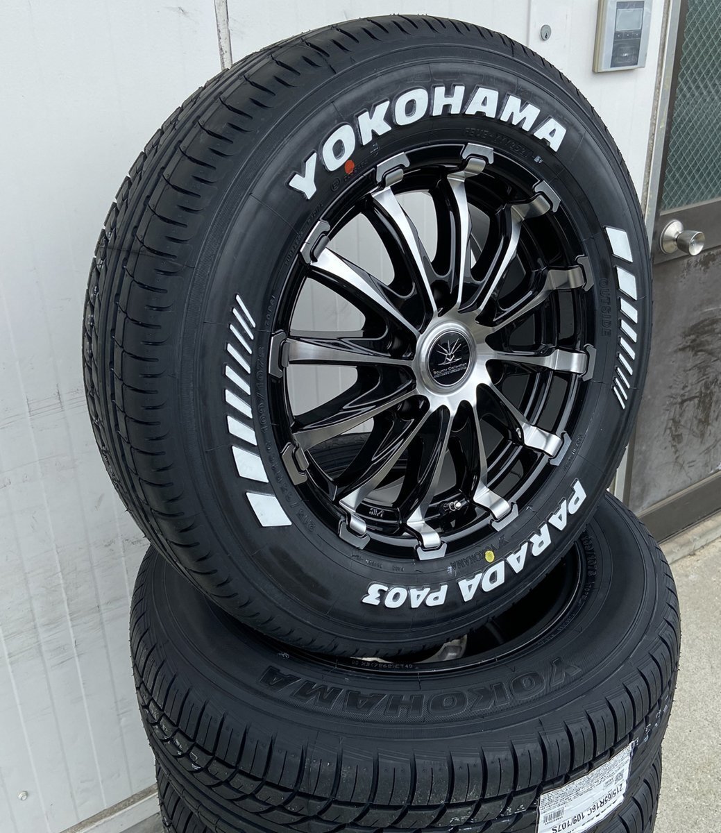 車検対応 200系 ハイエース レジアスエース 16インチ タイヤホイール BD12 ブラックポリッシュ YOKOHAMA PARADA ホワイトレター 215/65R16拍卖
