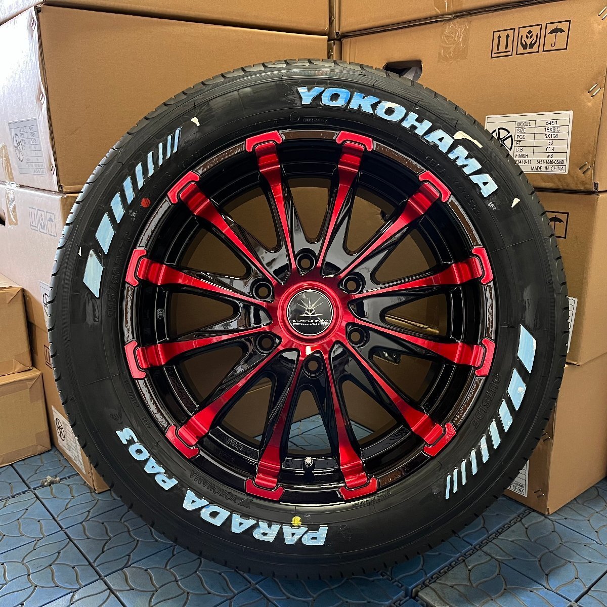 車検対応 200系 ハイエース レジアスエース 17インチタイヤホイール BD12 ブラックレッドクリア YOKOHAMA PARADA ホワイトレター 215/60R17拍卖