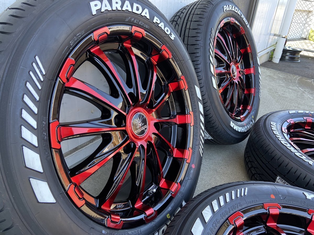 車検対応 200系 ハイエース レジアスエース 17インチタイヤホイール BD12 ブラックレッドクリア YOKOHAMA PARADA ホワイトレター 215/60R17拍卖