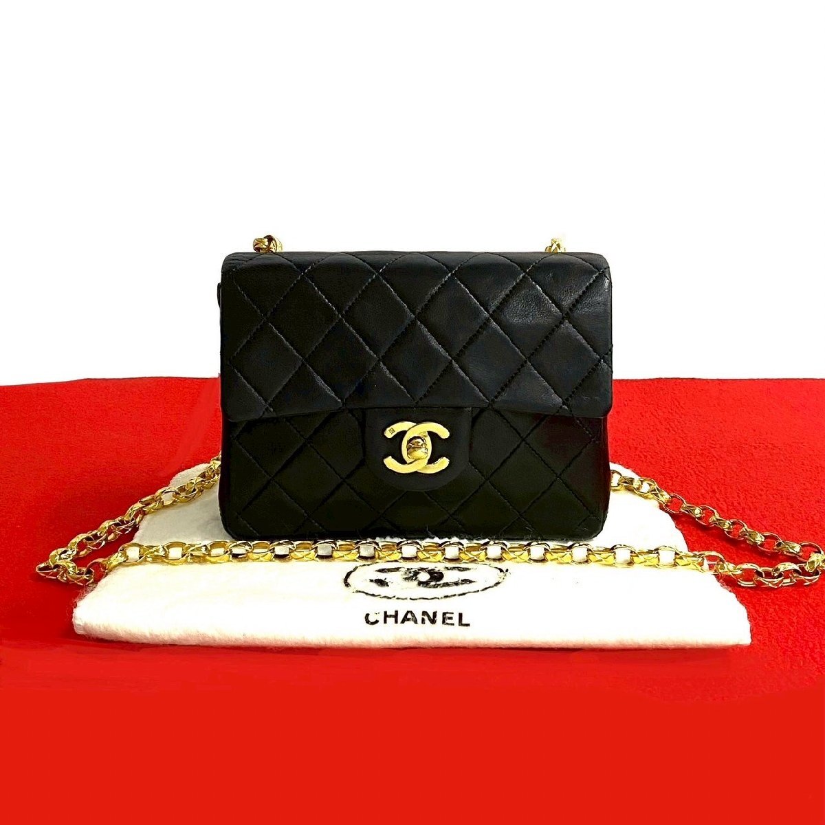 極 美品 袋付 シール有 1番台 CHANEL シャネル マトラッセ ココマーク ラムスキン レザー チェーン ミニ ショルダーバッグ ブラック 84143拍卖