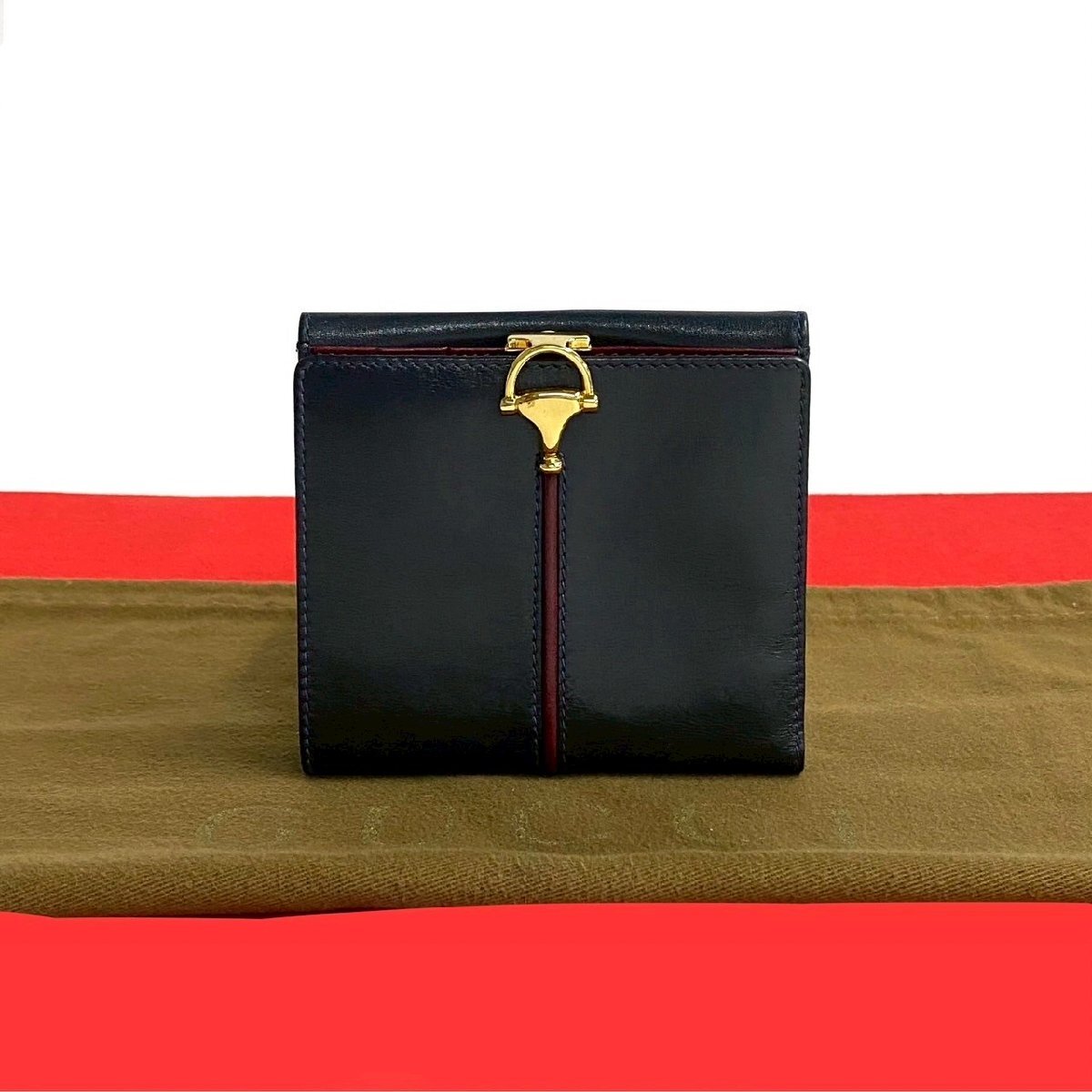 極 美品 GUCCI グッチ オールドグッチ ヴィンテージ ホースビット 金具 レザー 本革 二つ折り 財布 ミニ ウォレット ネイビー 43922拍卖