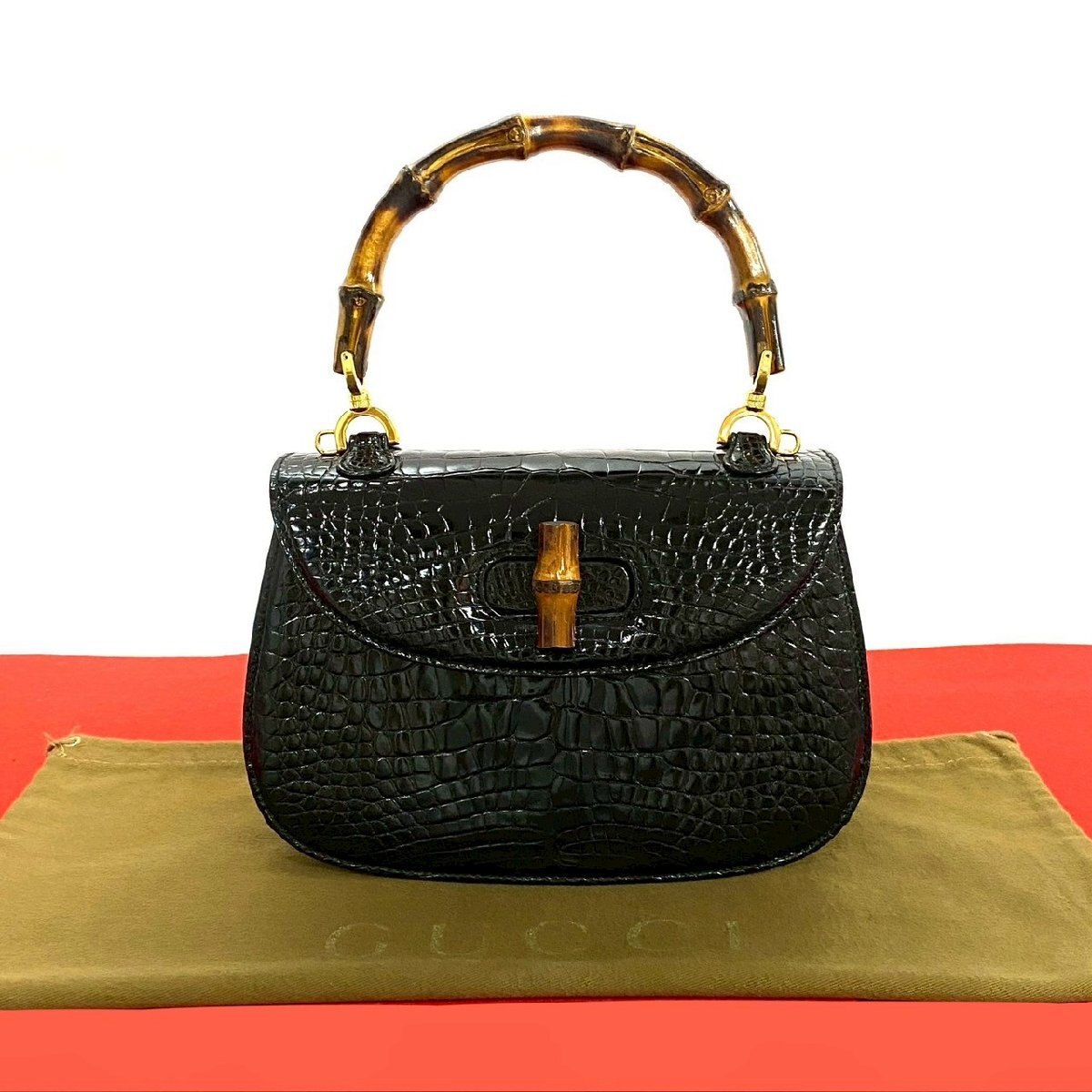 極 美品 希少品 GUCCI グッチ オールドグッチ ヴィンテージ バンブー クロコダイル レザー 本革 ミニ ハンドバッグ ブラック 07289拍卖