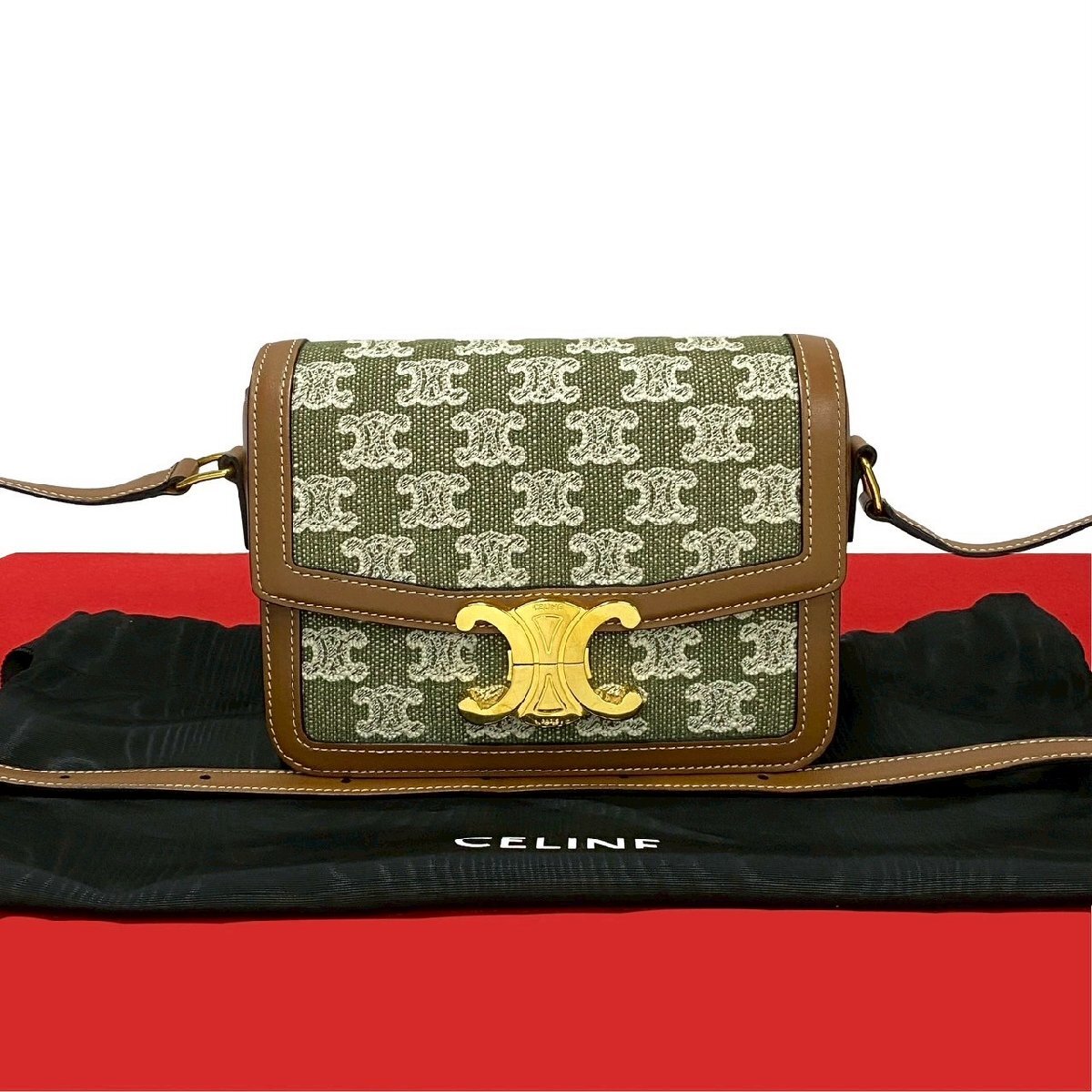極 美品 袋付 CELINE セリーヌ ティーントリオンフ ロゴ 金具 レザー 本革 キャンバス ショルダーバッグ ポシェット ブラウン カーキ 37173拍卖