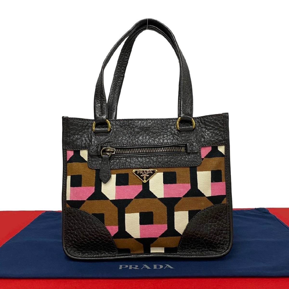 極 美品 希少品 PRADA プラダ 三角ロゴ 金具 レザー 本革 キャンバス ハンドバッグ ミニ トートバッグ ブラウン マルチカラー 39058拍卖