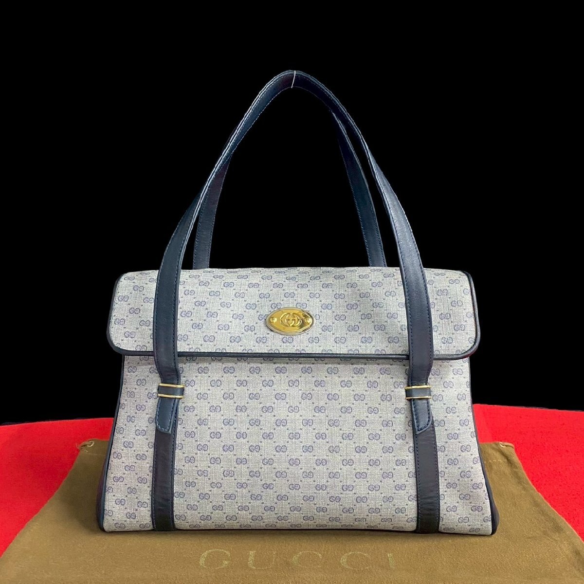 極 美品 GUCCI グッチ オールドグッチ ヴィンテージ マイクロ GG ロゴ金具 レザー ハンドバッグ ミニ トートバック ネイビー 44050拍卖